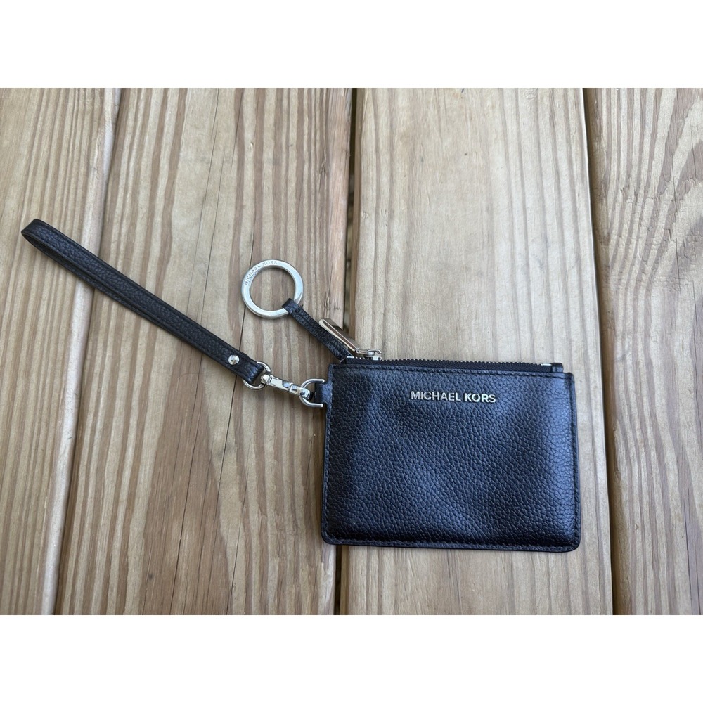 Michael Kors Jet Set Coin Purse Wristlet ID Card Holder Black Wallet Pebbled